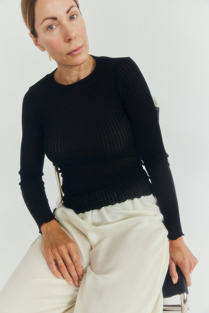 Wool Silk Long Sleeve - Pointelle Black