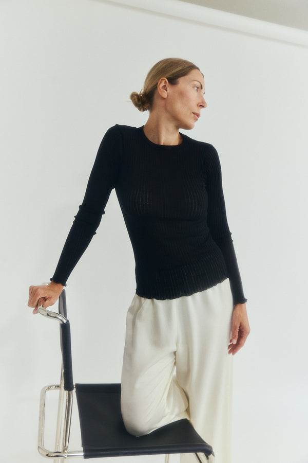 Wool Silk Long Sleeve - Pointelle Black